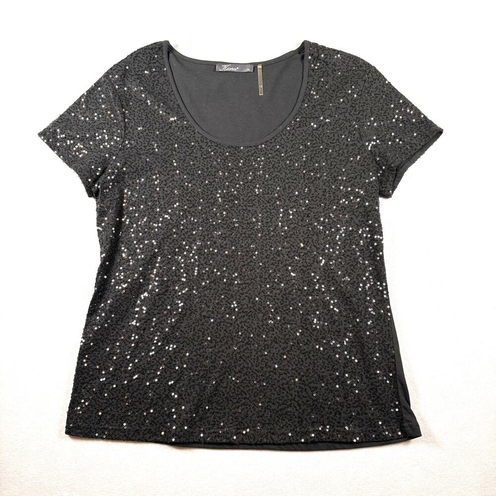 Kiara Women's XL Black Sequin Short Sleeve Top Scoop Neck
